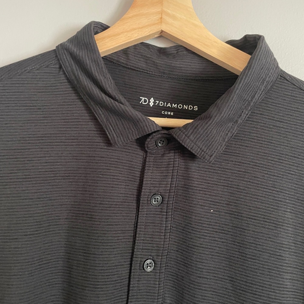 7 Diamonds Core Polo Shirt Mens Large Charcoal Grey Striped Short Sleeve Casual